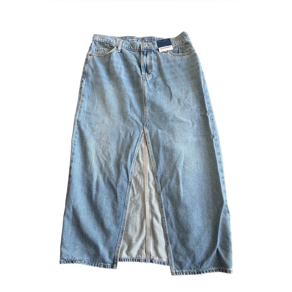 Old navy blue denim maxi skirt with front split detail